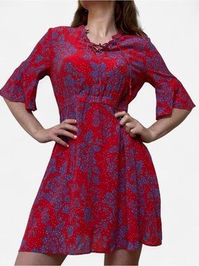 100% silk red dress with bell sleeves